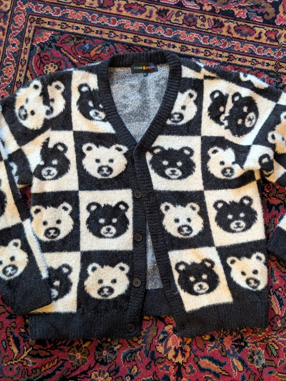 Teddy Fresh Black and White Bear-Check V-Neck Cardigan